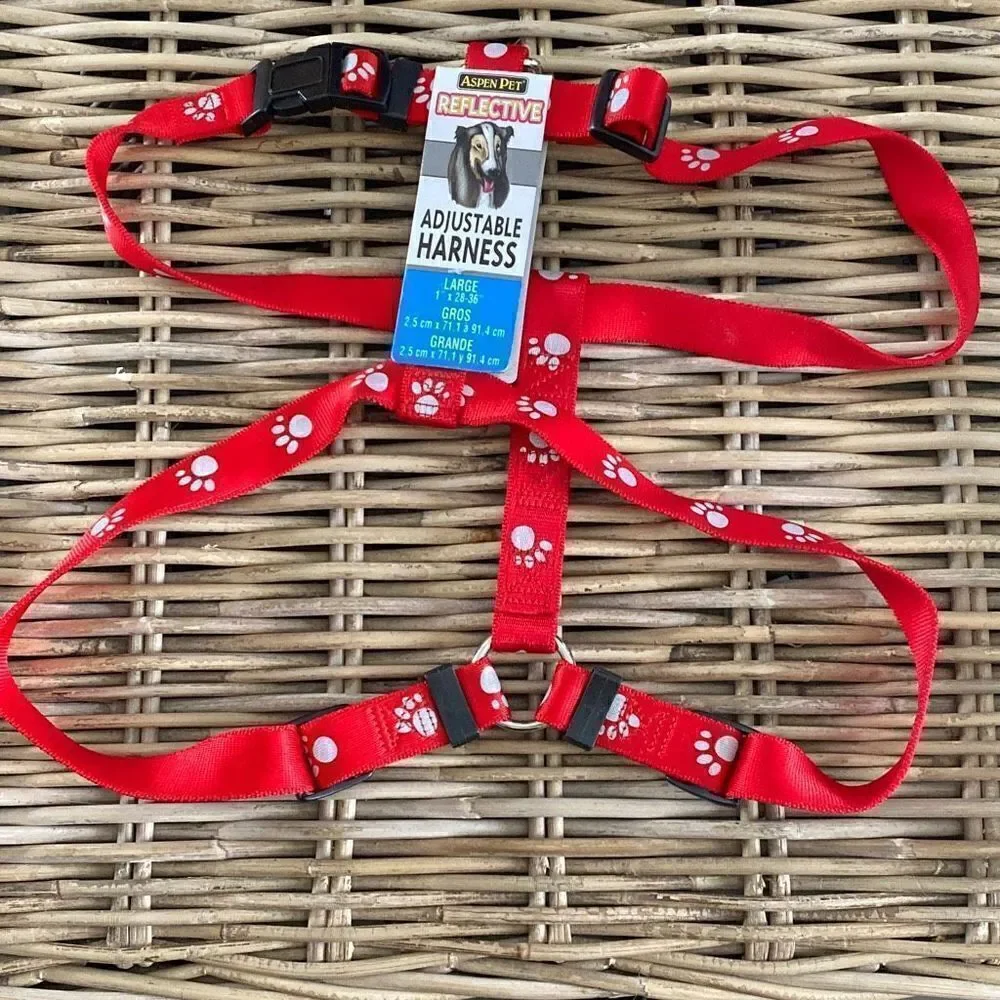 Nylon Dog Harness Reflective Adjustable Red Paws Large 1”x28-36” Aspen Pet NWT
